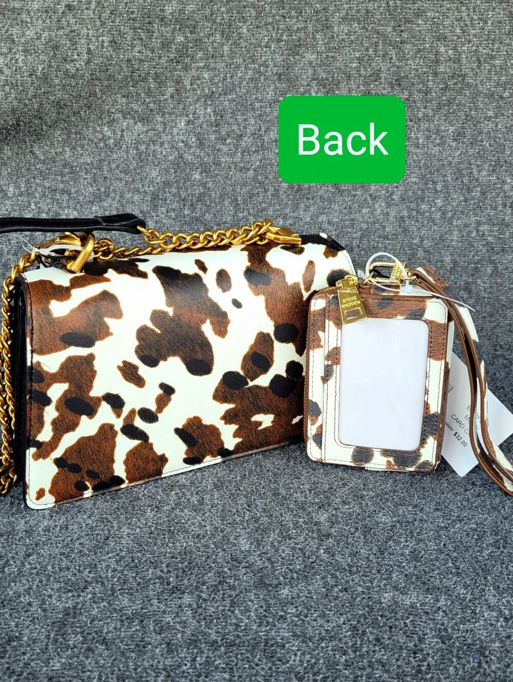Steve Madden Cow Print Matching Shoulder Crossbody Handbag and Card Wallet Set